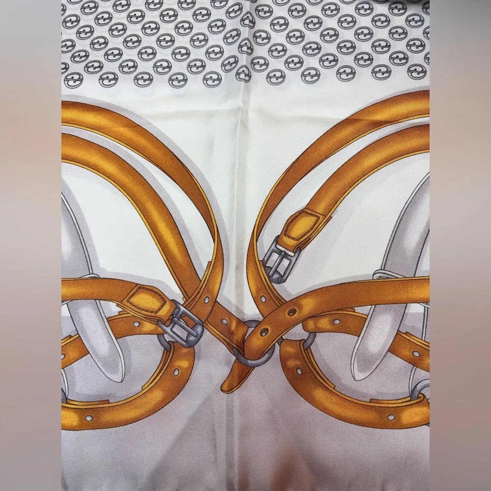 Gucci Vintage Silk Scarf 34” Equestrian Chain Print Blue Gold Italy NWOT